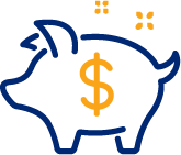 A blue outline of a blue piggy bank with a golden dollar sign on the belly area.