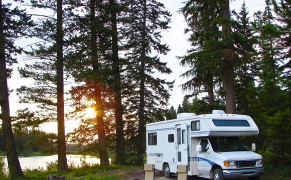 A RV parked in a forest campground.